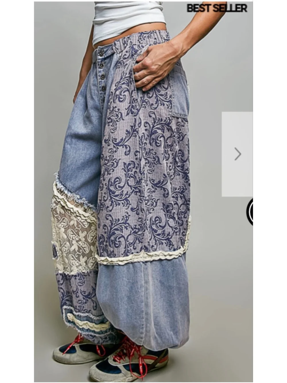 NEW Pol Free People Style Lace Patchwork Embroidery Denim Baggy Pants size S M L